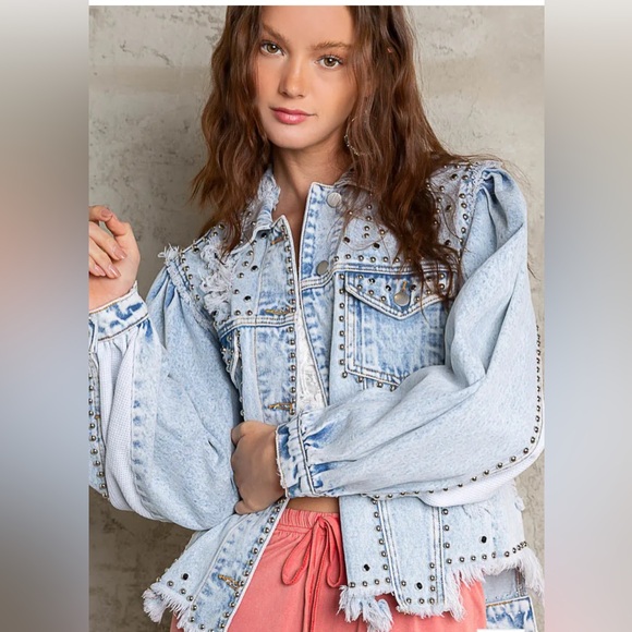 POL Jackets & Blazers - POL Rustic Studded Distressed Babe Denim Jacket size Small oversized NWOT